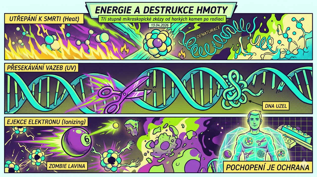 Energie a destrukce hmoty: Tři stupně mikroskopické zkázy od horkých kamen po radiaci