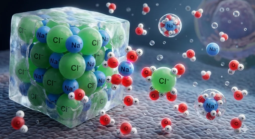 3D ilustrace procesu rozpouštění krystalu kuchyňské soli ve vodě